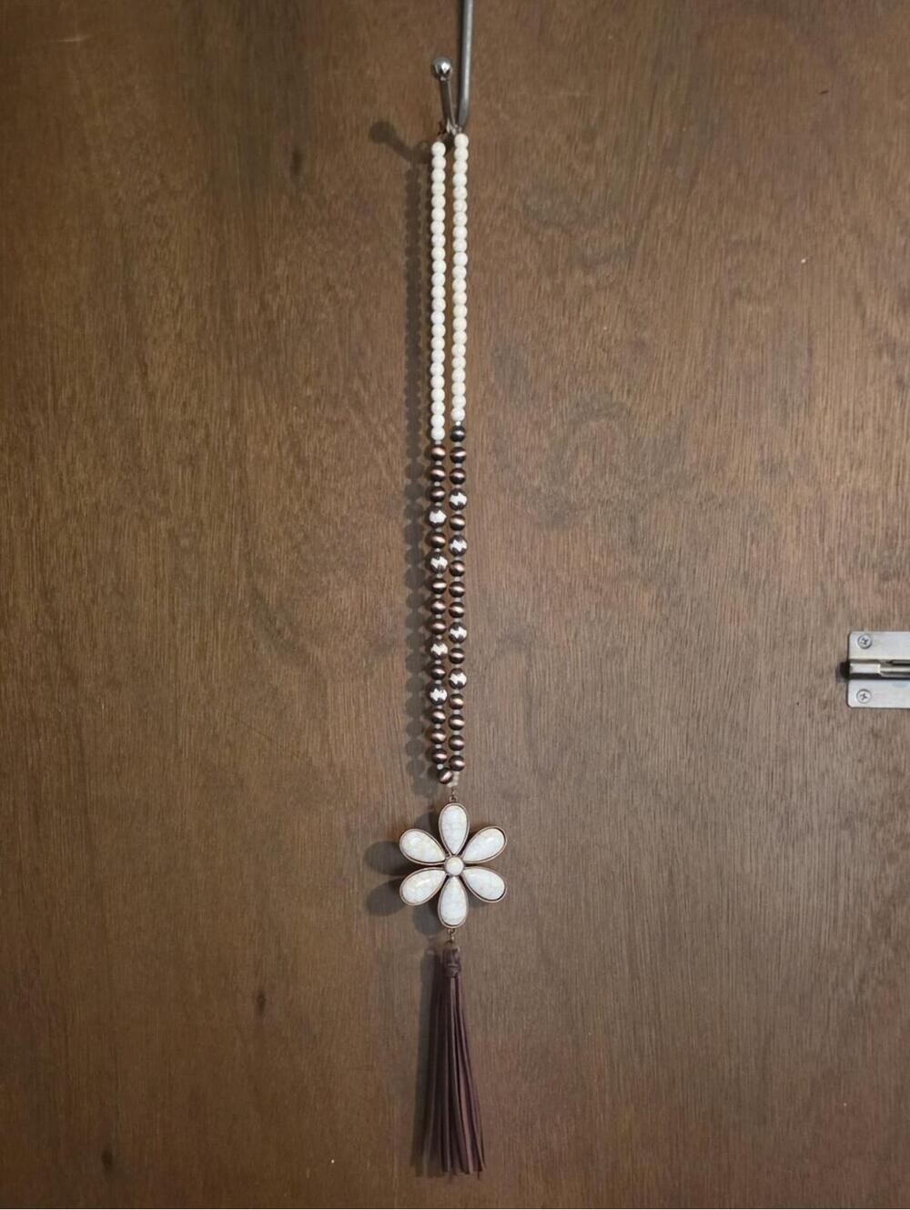 Beaded Flower Tassel Necklace - White & Brown